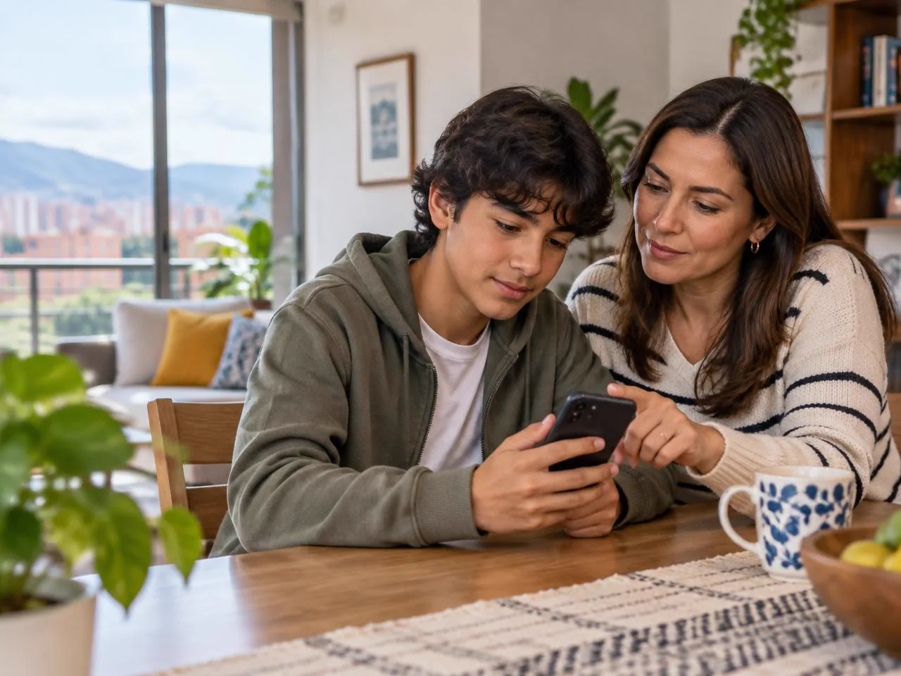 Adolescente usa una billetera digital en su celular con el acompañamiento de una adulta